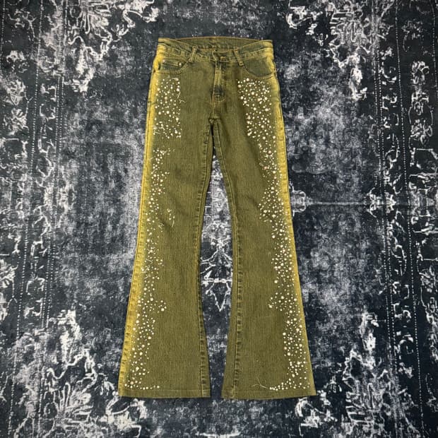 Beads Detail Olive Wash Flare Denim