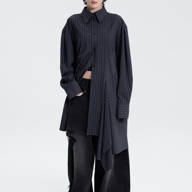 트리밍버드 Panelled Stripe Long Shirt 네이비