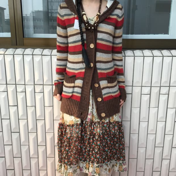 Stripe pattern hood knit cardigan