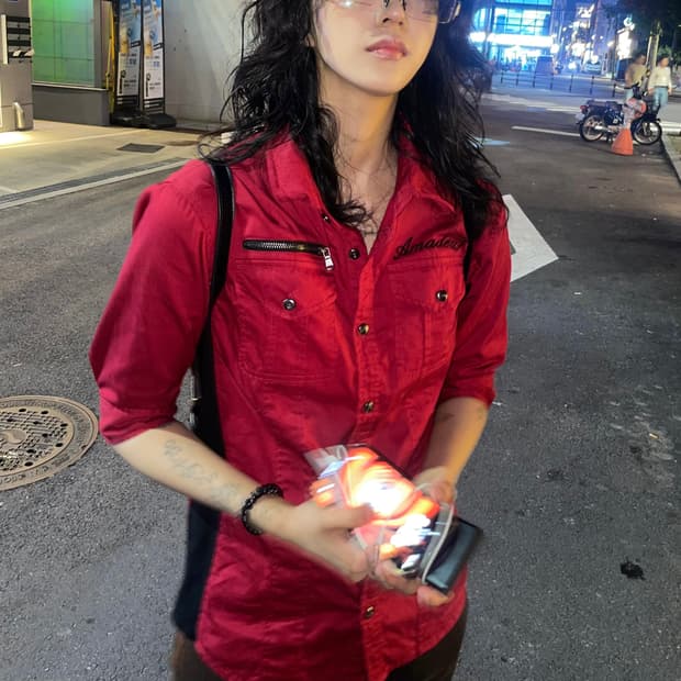 재패니즈 빈티지 레드블랙 반팔 셔츠