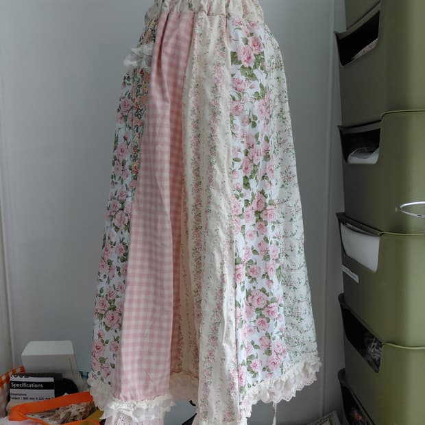 [핸드메이드 새상품] 빈티지 플라워 체크 패치워크 롱 스커트