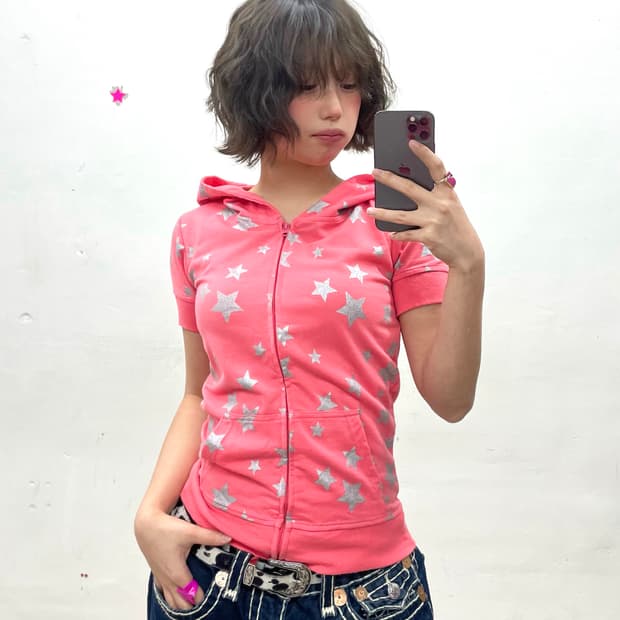 Coral Silver Star Hoodie Short Sleeve