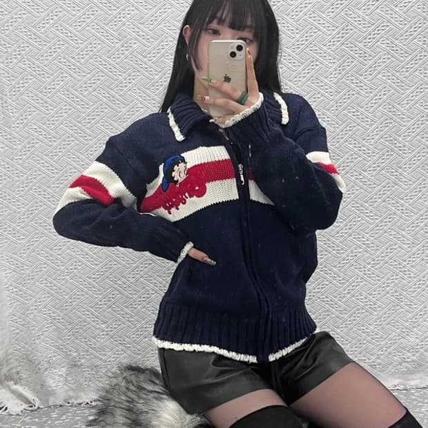 베티붑 펑크 키치 헤드로고 니트 뜨개 집업 가디건 L C09459