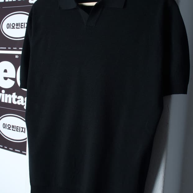 (M-L) 키뮤어 반팔 카라 티셔츠 니트 무지 블랙 놈코어-H33457
