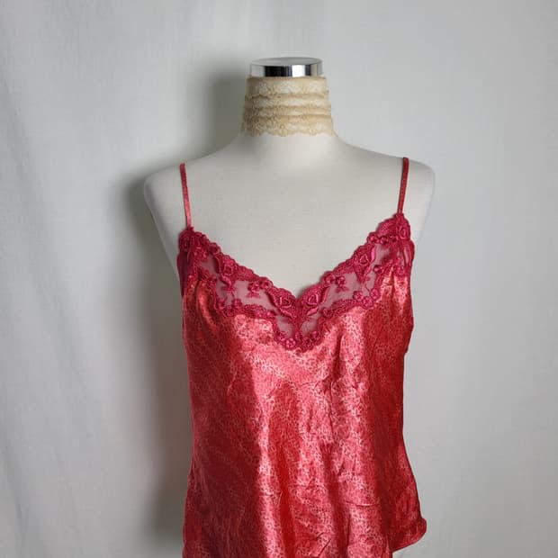 빈티지 코랄 플로럴 레이스 새틴 캐미솔 나시 슬립 탑