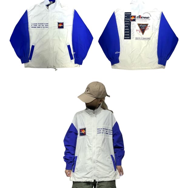 엘레쎄 화이트 블루 오버핏 빈티지 바람막이 자켓 L