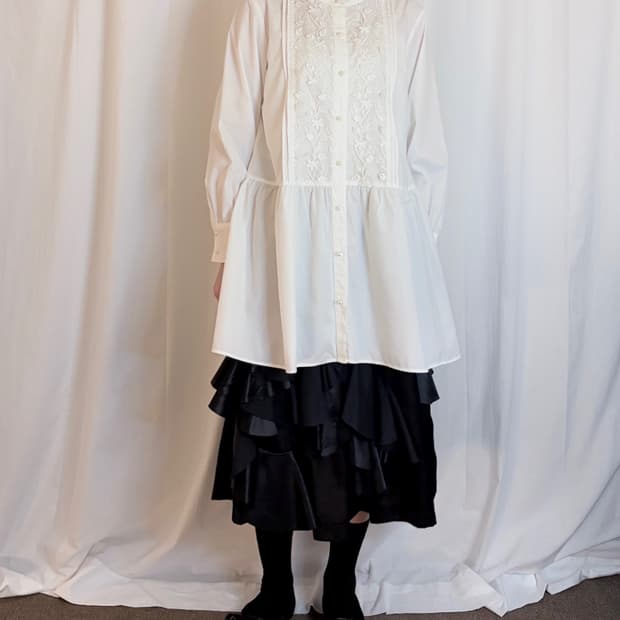 Floral Lace Shirring Shirt - White
