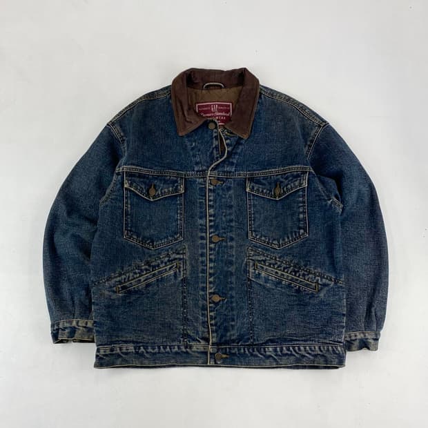 90s 갭 빈티지 레더 카라 포켓 데님 트러커 자켓 (105)