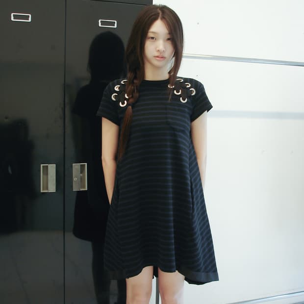 SACAI striped eyelet ribbon dress