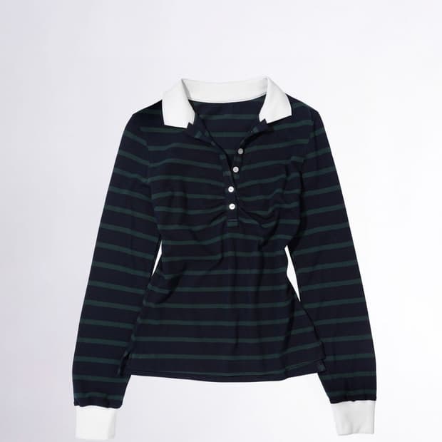 Shirring Tennis Shirt Navy/Green Stripe