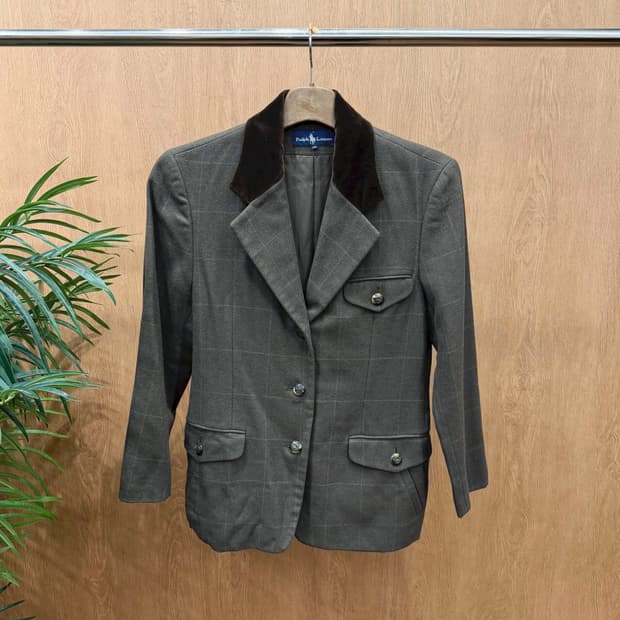 폴로 랄프로렌 자켓 체크 패턴 브라운 카라 배색 디테일 카키