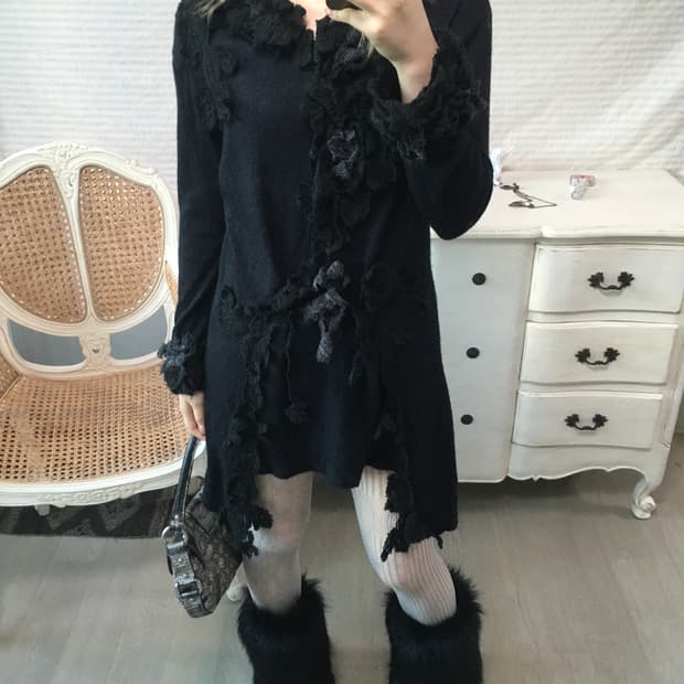 일본빈티지 블랙 플라워 롱 원피스 가디건