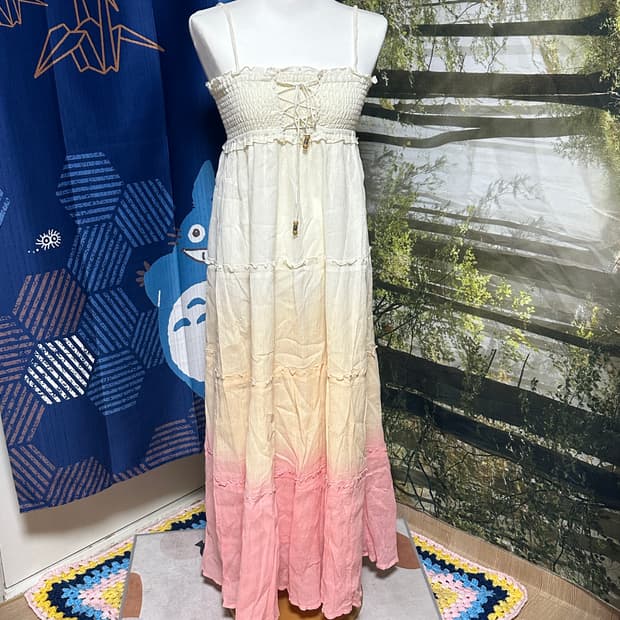 빈티지 모리 모리걸 롱 그라데이션 핑크 복숭아 원피스