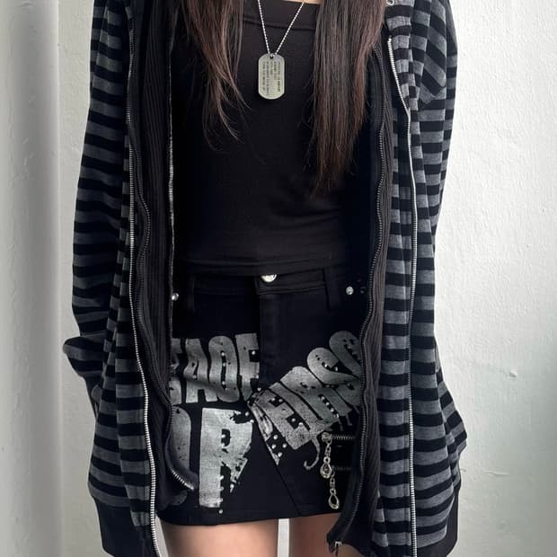 Japanese Vintage Grey Stripe Hood Zip-Up