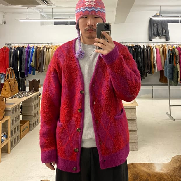 FREAK'S STORE argyle cardigan 헤어리 니트 가디건