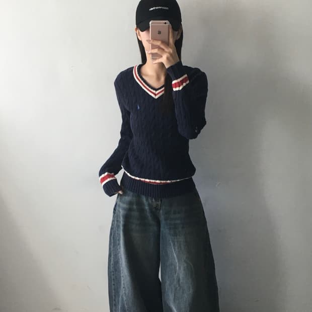 빈폴 브이넥 케이블니트