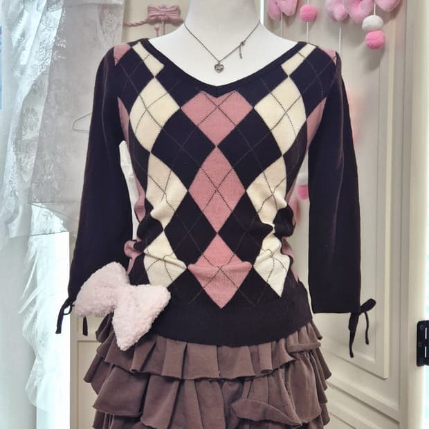 라떼갸루 히메갸루 초코딸기 아가일 리본 니트 