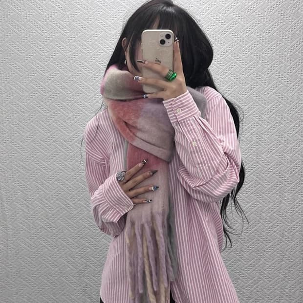 빈티지 폭닥 딸기우유 핑크 체크 모헤어 목도리 C07991