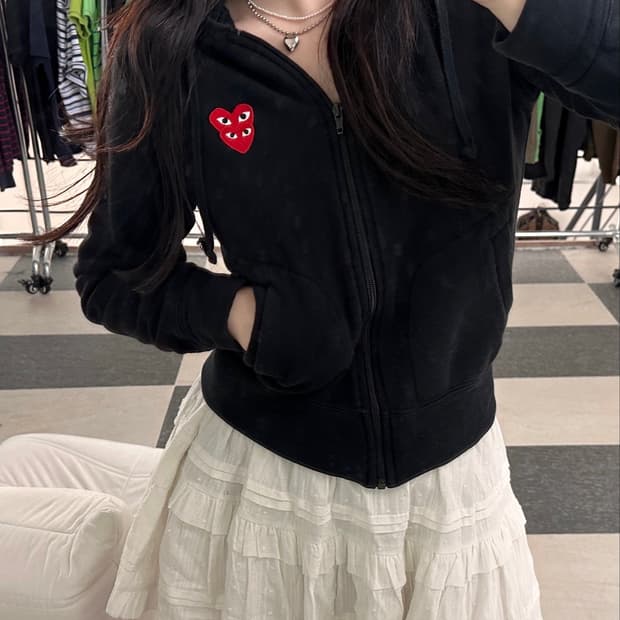 꼼데가르송 더블 하트와펜 블랙 후드집업 