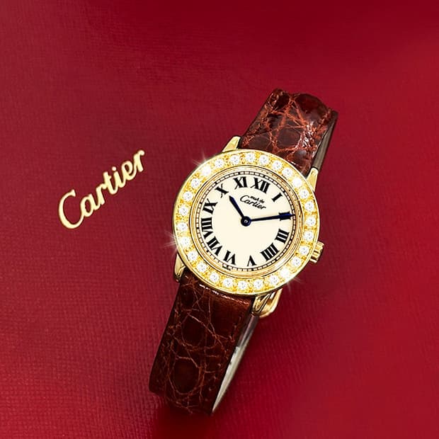 까르띠에 론드 아이보리 다이얼 빅 다이아 여성 악어가죽 시계