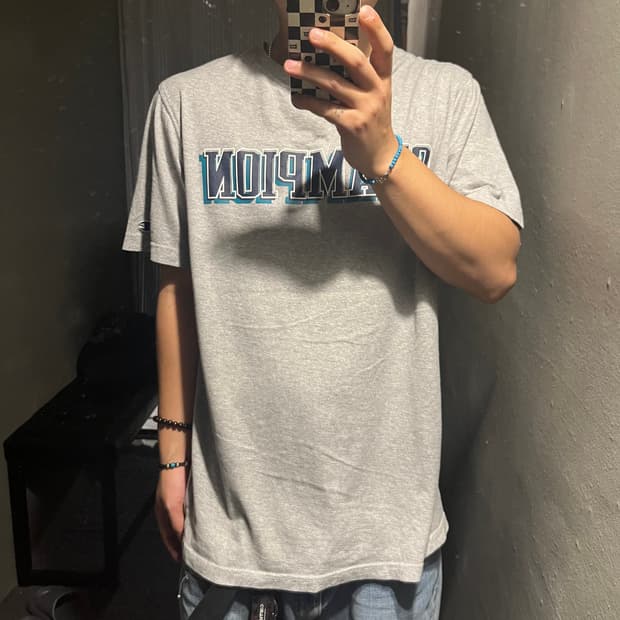 챔피온 그레이 네이비 로고프린팅 코튼 반팔 티셔츠 L