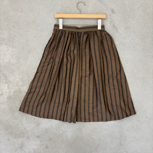 Brown Stripe Dot Gathered Midi Skirt