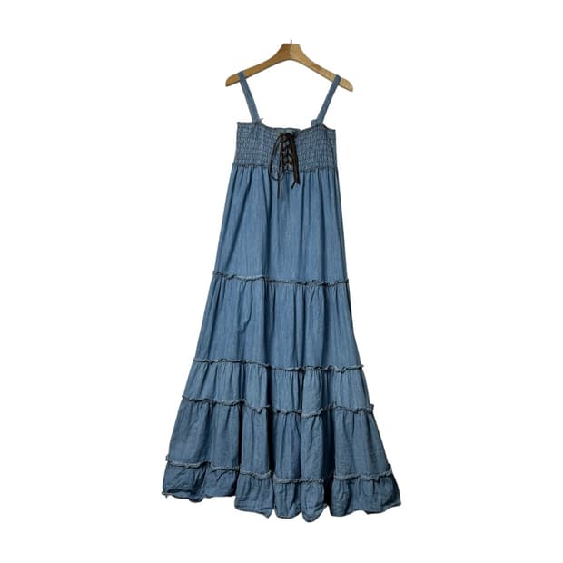 [JPN] 빈티지 셔링 레이스업 데님 슬리브리스 원피스