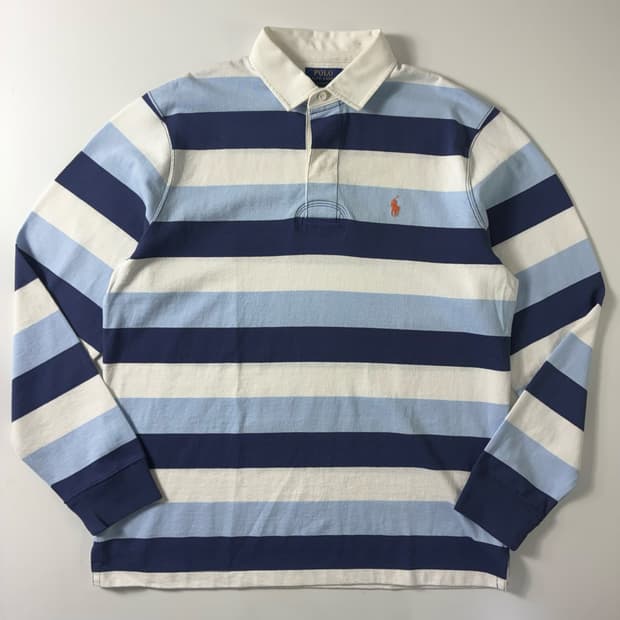 Polo  폴로 랄프로렌 신형 자수 라이트블루 스트라이프 럭비 티셔츠  