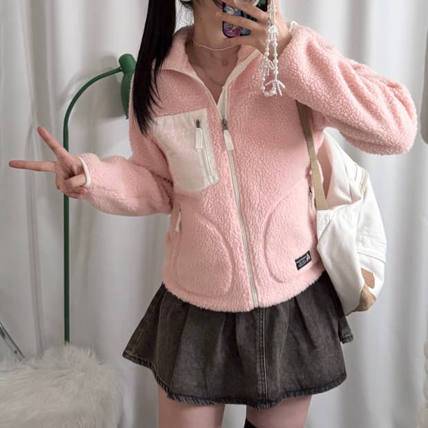 연핑크 플리스 집업 자켓
