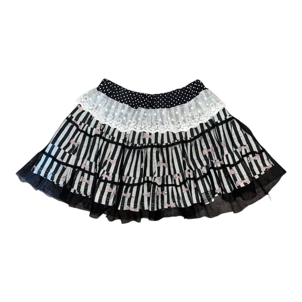 리본프린팅 레이스 스트라이프 밴딩 스커트 갸루y2k키치