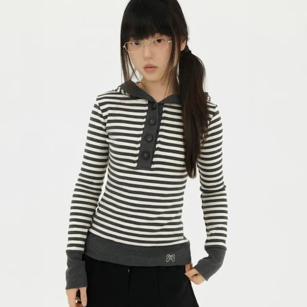 미레코 STRIPE LINE HOODIE T-SHIRT CHARCOAL