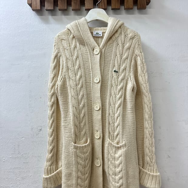 일본빈티지 라코스테 꽈배기 케이블 후드 니트 가디건 집업