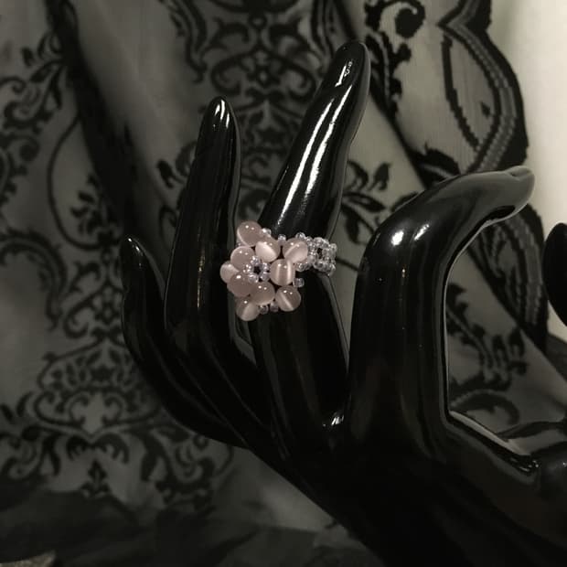 Vintage 스윙셋 캣츠아이 원석 비즈 퍼플 보라빛 꽃 링 반지 