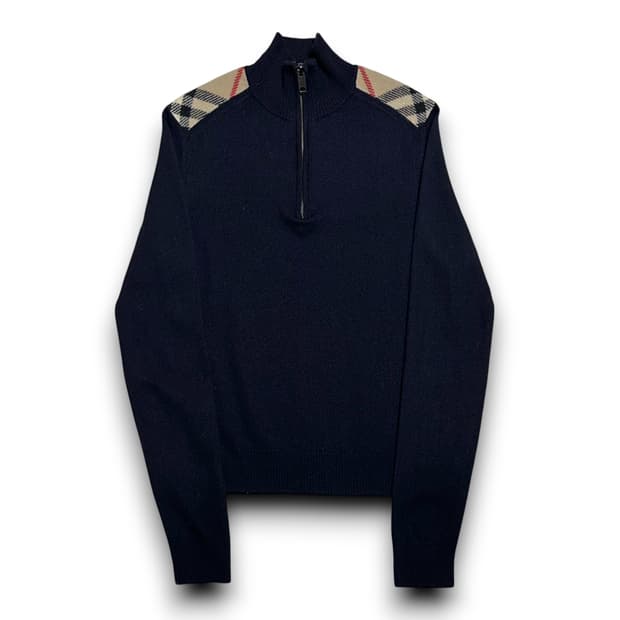 Burberry 런던 여성용 어깨 체크 배색 메리노울 네이비 반집업 니트