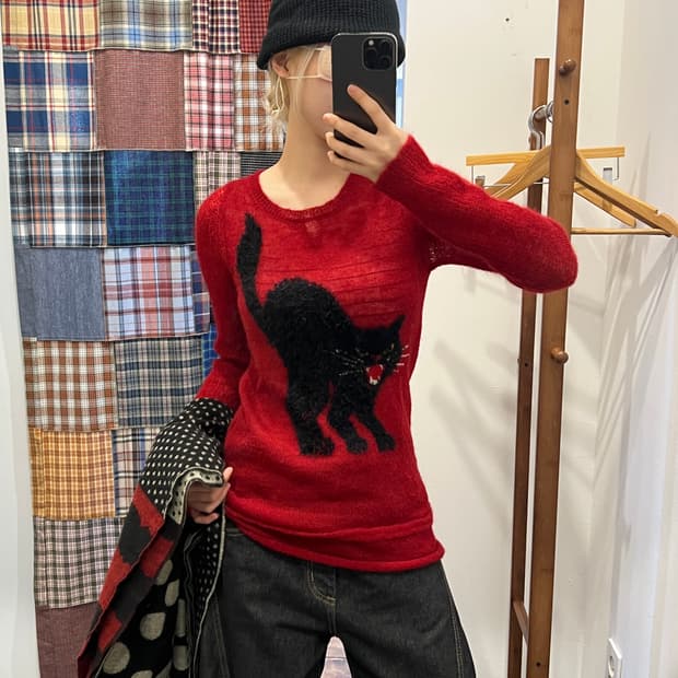 히스테릭글래머 블랙 캣 레드 매쉬 니트