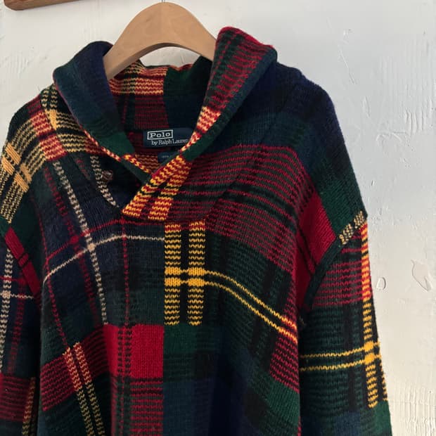 Polo 폴로 랄프로렌 타탄체크 울100 숄카라 후드 니트