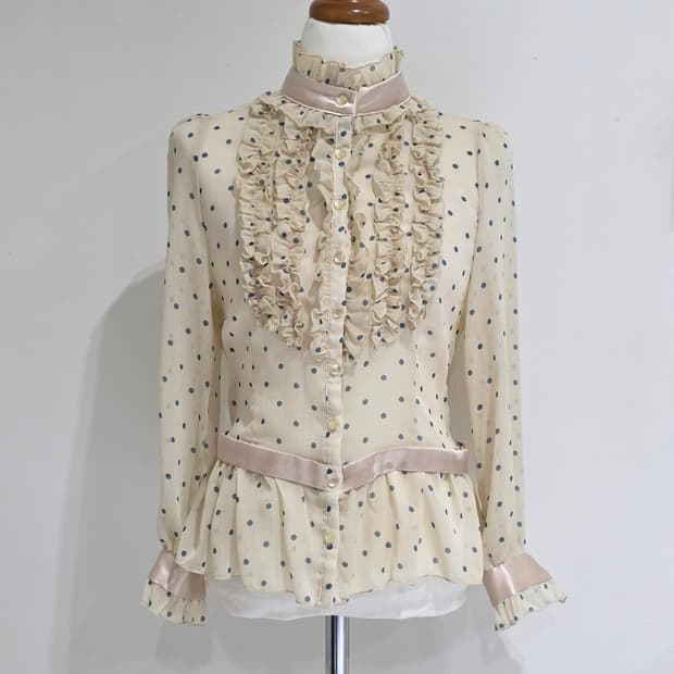 빈티지)프릴 도트 로리타풍 히메라떼갸루 레이스프릴 모리걸 시스루 블라우스