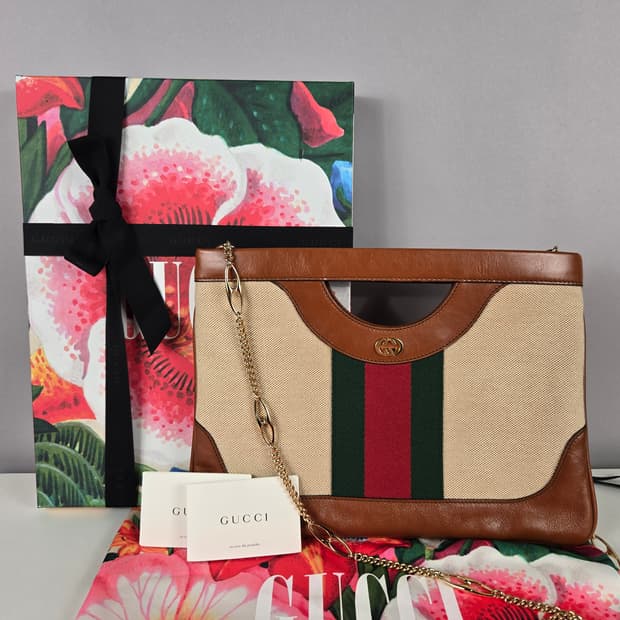 구찌 오디피아 웹 빈티지 캔버스 라지 클러치 숄더백 가방 정품 풀박스