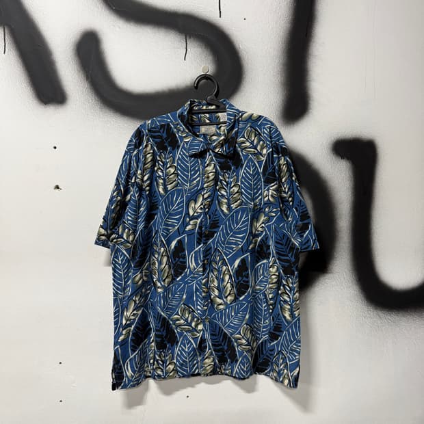 VTG 빈티지 리프 풀 패턴 레이온 코튼 혼방 원포켓 하와이안 반팔 셔츠