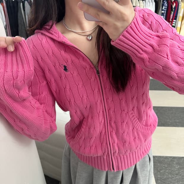 랄프로렌 스포츠 핑크 케이블 니트 후드집업 