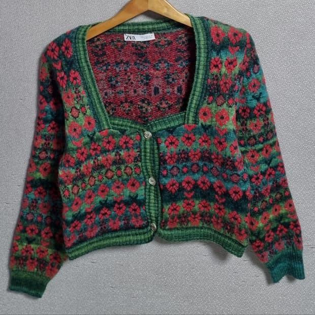 M ) ZARA 자라 스퀘어넥 니트 크롭 가디건