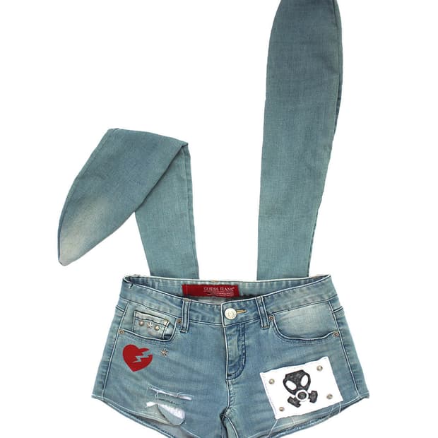 Custom B-ear denim Gas Mask shorts