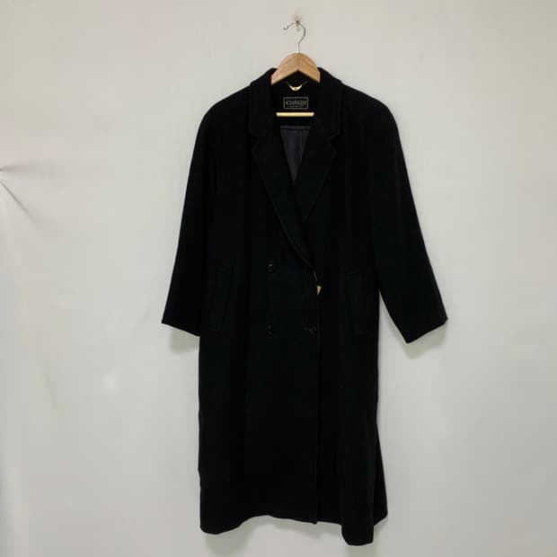 빈티지 캐시미어 100% 남녀공용 더블 버튼 블랙 롱 코트