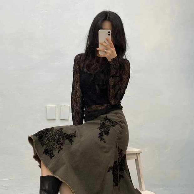 [1456]Khakibrown denim floral lace skirt