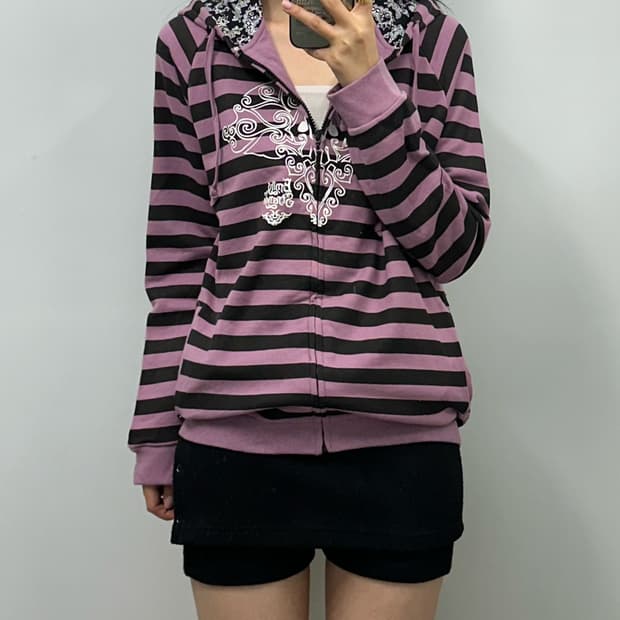 빈티지 y2k 와투케 스컬 스트라이프 후드집업