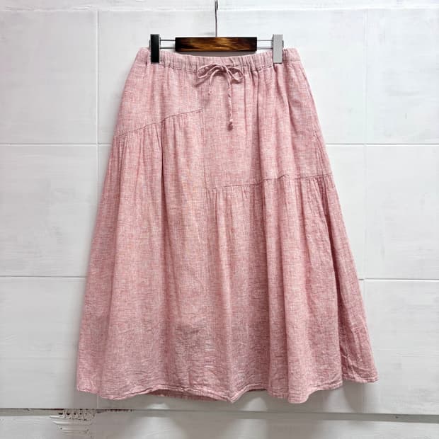 STUDIO CLIP 핑크레드 린넨코튼 언발 셔링 미디스커트 JPN 