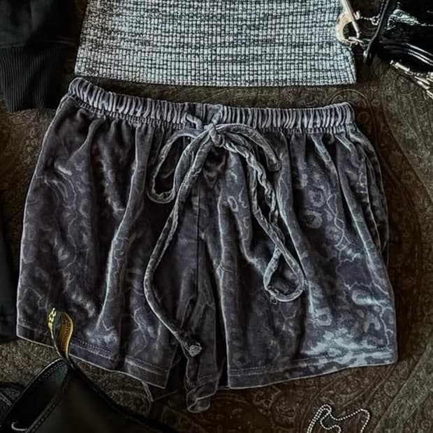 레오파드 그레이 벨벳 반바지 여성