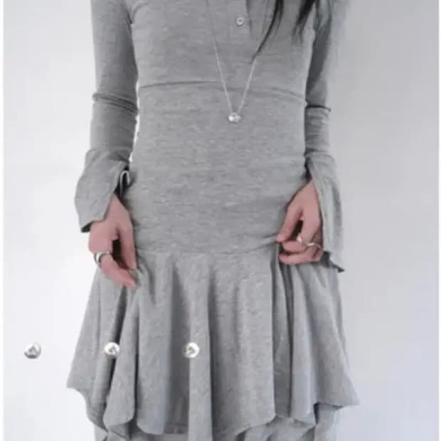 애프터먼데이 믹스 버튼 슬리브 원피스 그레이