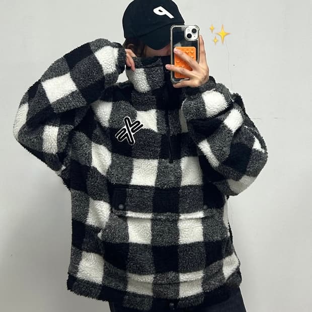 젝시믹스 자수로고 오레오 체크 플리스 아노락