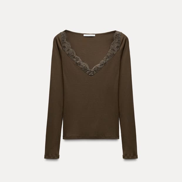 zara 레이스 디테일 리브드 티셔츠